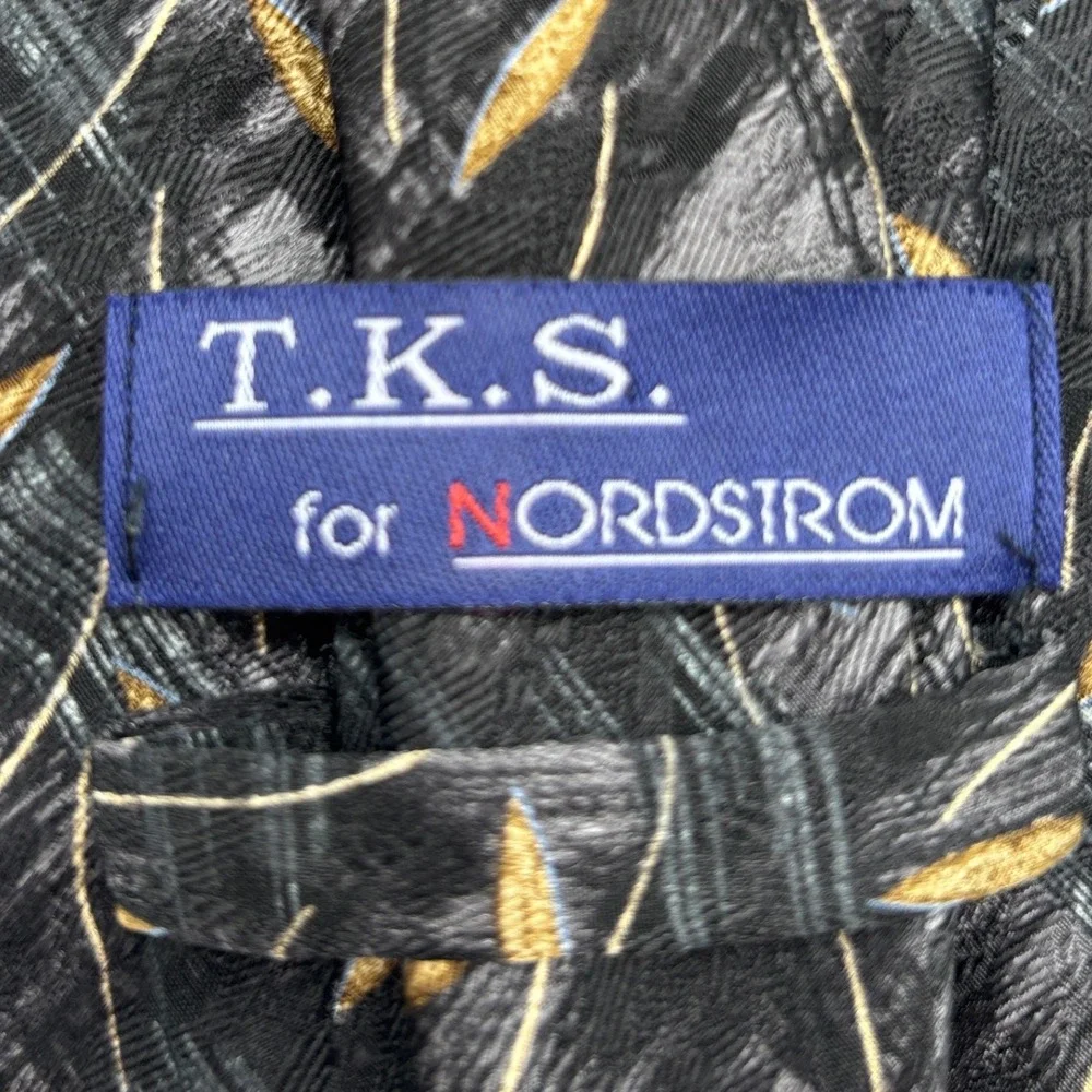 T.K.S. for Nordstrom Men's 100% Silk Tie Black Gray Gold Abstract Made in Korea